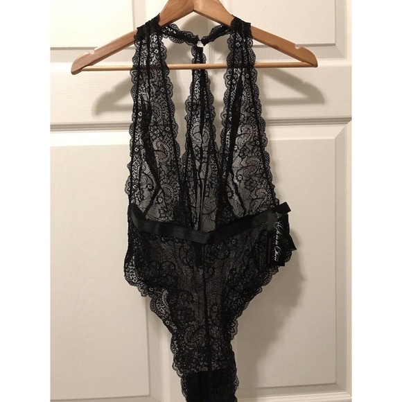 Plunging Lace Halter Teddy with Halter Back, Sexy Lingerie, Black, Size 1X-2X - Picture 15 of 15